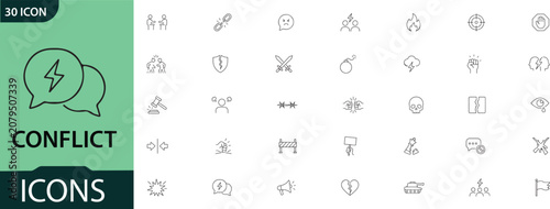 Fotografie Conflict icons set with 30 black and white illustrations