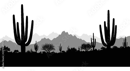 Fotografía Desert Cactus Landscape Silhouette Against Gradient Background