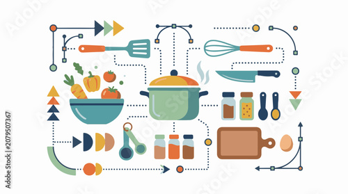 Cooking concept with ingredients utensils and schematic connections