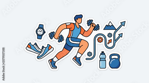 Man lifting weights and running with sports equipment
