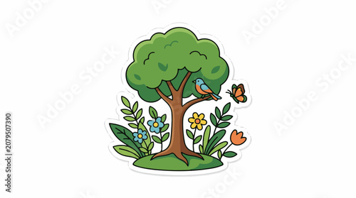 A stylized illustration of a bird and butterfly in a garden