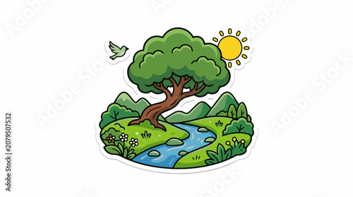 Whimsical cartoon nature scene with a lone tree and flowing river