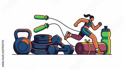 A woman in athletic wear jumping rope beside exercise equipment