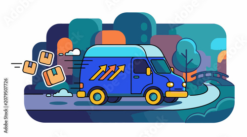 Blue delivery van with packages speeds through a stylized colorful park landscape