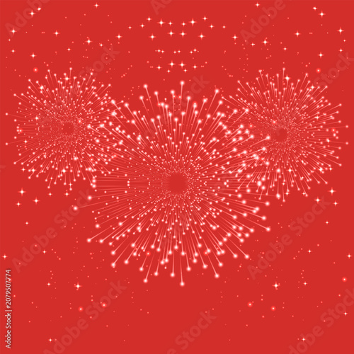 Vibrant red fireworks celebration background with glowing white sparkles and stars. Three large firework bursts on lucky red backdrop.