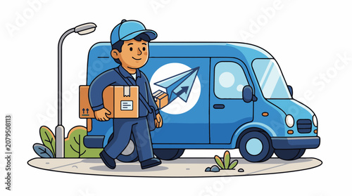 Smiling delivery person in blue uniform carries package next to van