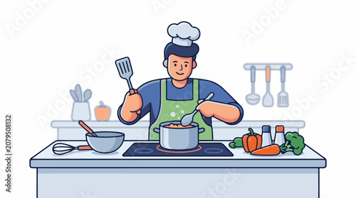 A chef in a green apron cooking with a pot and utensils on the kitchen counter
