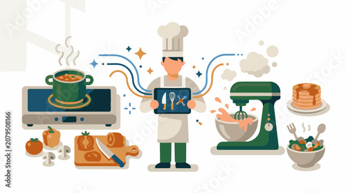 A chef in an apron holds a tablet displaying cooking icons
