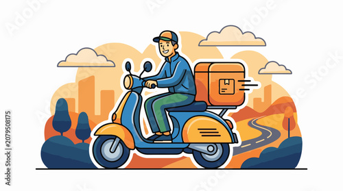 Man riding scooter with delivery box through a stylized cityscape