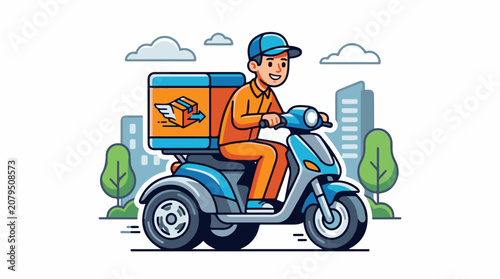 Cheerful person on scooter delivering a package in the city