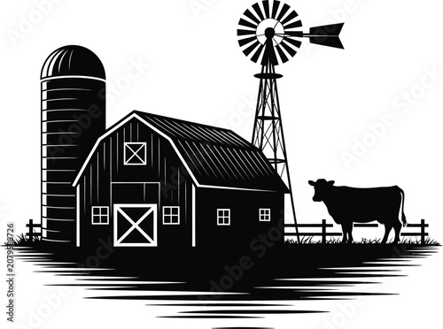 Black Farm with Cow, Barn, Silo and Windmill Isolated on White