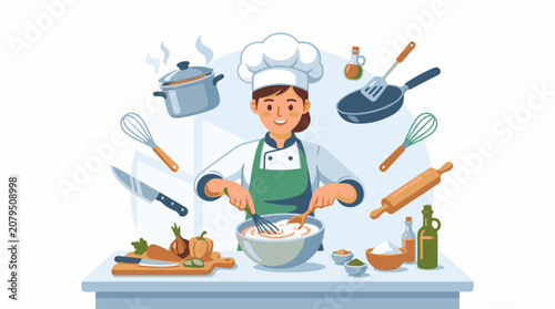 Chef preparing a dish in a kitchen with various cooking utensils