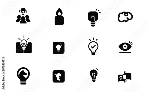 Idea and Innovation Glyph Icons Set – Creativity, Brainstorming, Problem Solving and Vision Vector Collection