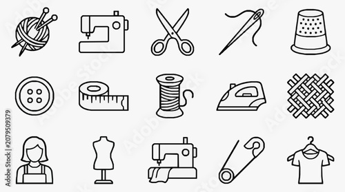 Photos Sleek Black and White Line Icons Set of Sewing and Tailoring Tools and Accessori