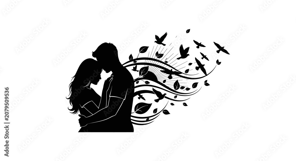 Obraz premium Embracing couple with birds and leaves black silhouette
