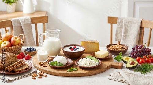 Organic fresh dairy products, whole grain bread, and colorful fruits for a healthy balanced breakfast