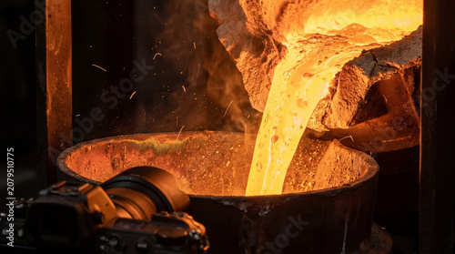 Photographer documenting molten steel pouring into a refractory ladle at an industrial foundry