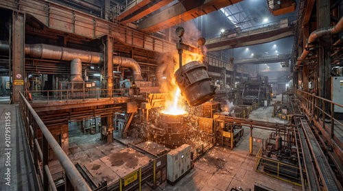 Overhead crane pouring molten steel into a ladle at an integrated steel plant