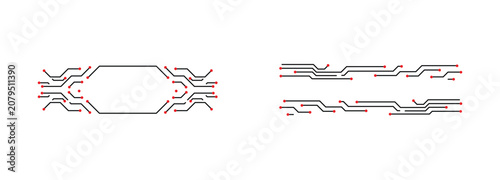 Circuit board patterns with tech lines and nodes in two horizontal digital hardware engineering layout designs
