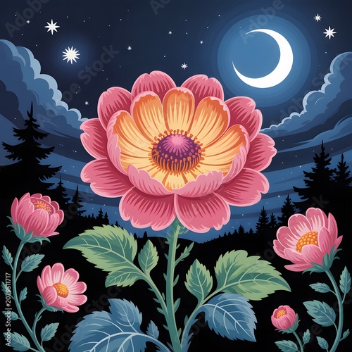 Fantasy Floral Garden Under Moonlight with Blooming Pink Flowers Representing Dreamlike Nature Botanical Beauty Celestial Landscape and Whimsical Digital Illustration