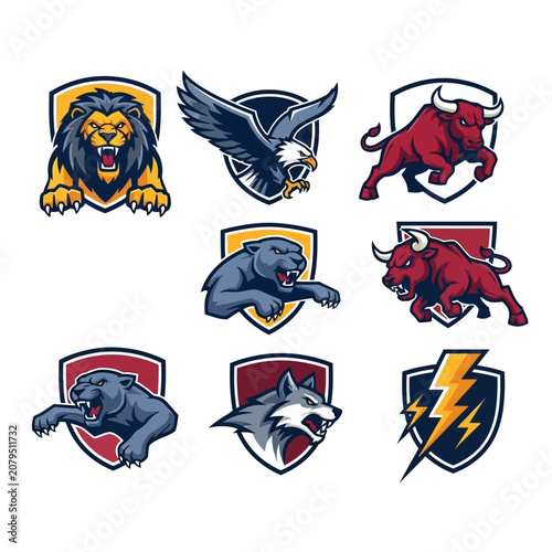Fierce Animal Emblems: Lion, Eagle, Bull, Panther, Wolf, Lightning Bolt Logos