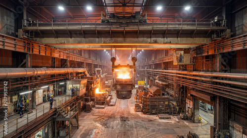 Overhead crane transporting molten metal inside a large steel production facility