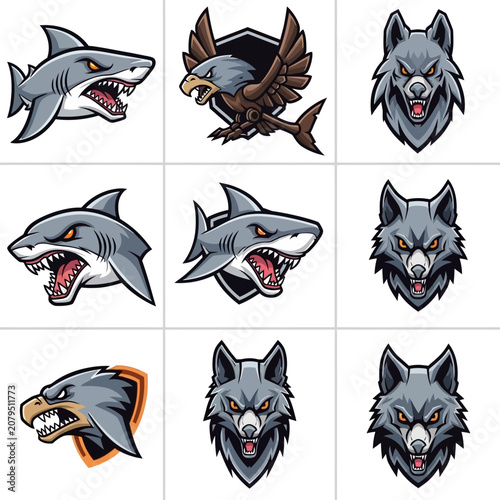 Fierce Animal Mascot Logos: Shark, Wolf, Eagle - Vector Icons Set