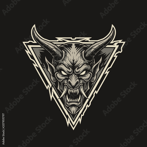 Fierce Oni Mask Tattoo Design - Japanese Demon Head Illustration