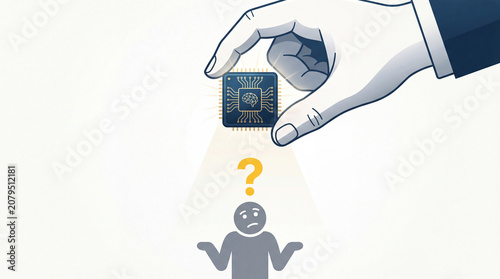 Hand holding ai chip above confused human figure