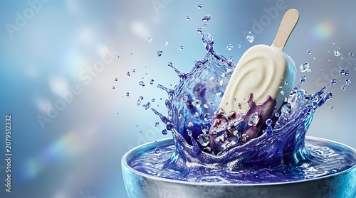 Creamy Vanilla Ice Cream Bar Splashing into Refreshing Blue Liquid for Summer Food Advertising and Refreshment Beverage Promotion