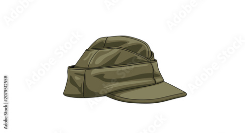Side view of a green military side cap or garrison cap isolated on white background for army uniform and historical equipment.