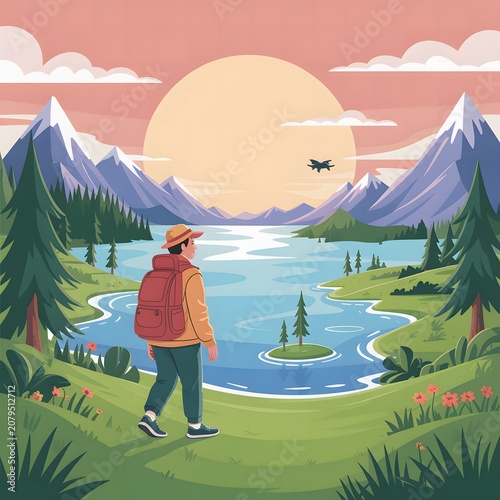 Scenic Mountain Lake Valley at Sunrise with Forest and Sailboats Representing Peaceful Nature Adventure Outdoor Travel and Beautiful Landscape Illustration
