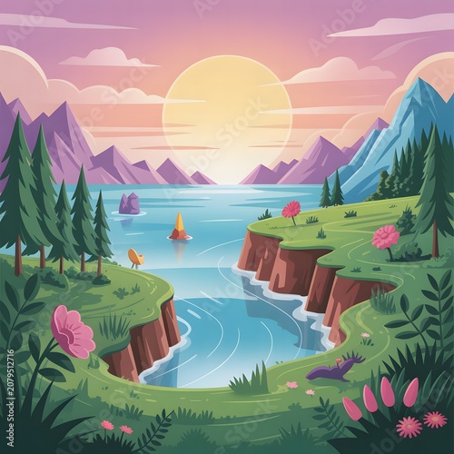 Scenic Mountain Lake Valley at Sunrise with Forest and Sailboats Representing Peaceful Nature Adventure Outdoor Travel and Beautiful Landscape Illustration
