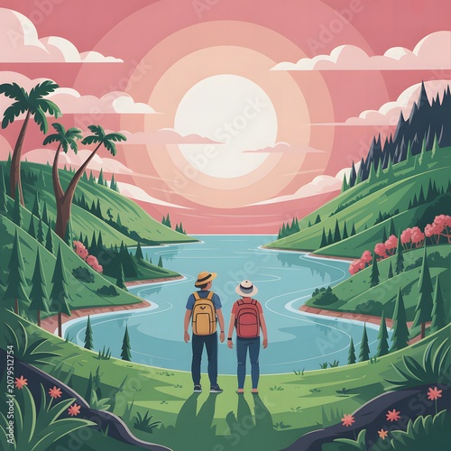 Scenic Mountain Lake Valley at Sunrise with Forest and Sailboats Representing Peaceful Nature Adventure Outdoor Travel and Beautiful Landscape Illustration