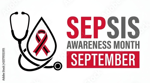 Sepsis awareness month campaign with stethoscope and red ribbon illustration