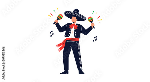 Cheerful Mexican man dressed in a traditional black mariachi costume and sombrero playing colorful maracas against a white background.