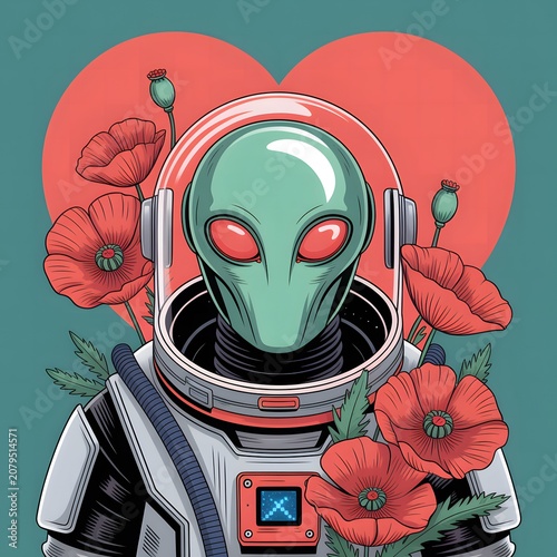 Surreal Green Alien Astronaut Surrounded by Red Poppies Representing Science Fiction Botanical Fantasy Cosmic Exploration and Creative Digital Art Concept