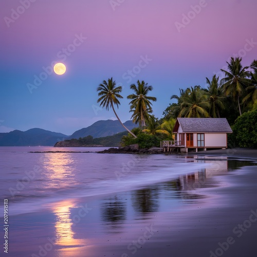 Peaceful Tropical Beach Cottage Under Moonlight Representing Coastal Escape Island Vacation Tranquility Luxury Travel and Serene Ocean Landscape