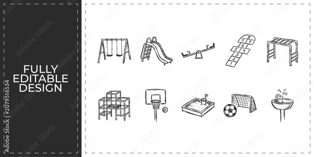Obraz premium Kids playground equipment hand drawn vector icons set featuring slides swing and see saw for preschool children park and outdoor recreational activity design