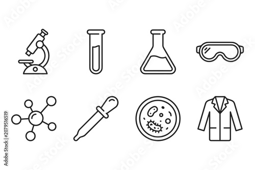 Collection of scientific laboratory equipment icons for research and discovery