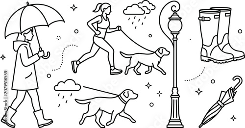 Εκτύπωση καμβά Rainy Autumn Day Line Art Vector Icon Set with Woman Holding Umbrella, Girl Jogg