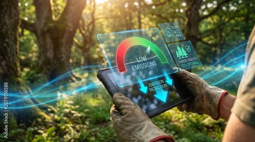 Environmental scientist monitoring forest health and CO2 carbon emissions using a digital tablet with holographic interface in a sunny woodland.