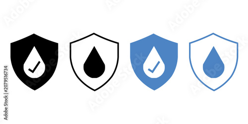 Fotografie Water Protection Icon Set Drop Shield Checkmark Flat Vector Outline and Silhouet