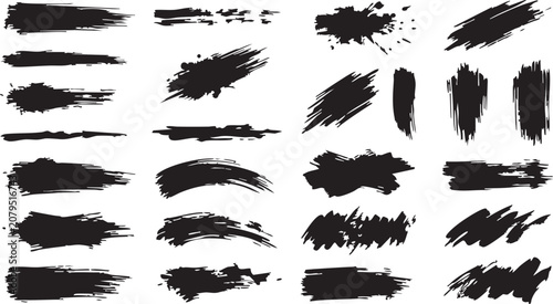 Collection of black brush strokes on white background for design and artistic use
