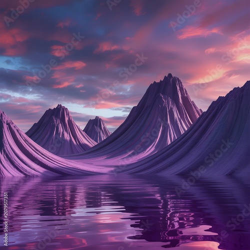 Fantasy Purple Mountain Landscape with Reflective Lake Representing Dreamlike Nature Scenic Wilderness Surreal Environment and Digital Art Adventure Concept