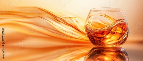 Amber liquid swirling in crystal glass warm abstract background