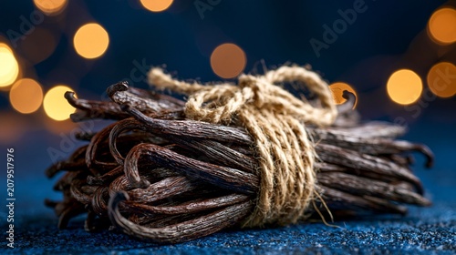 Close-up of tied vanilla beans bundle with bokeh light background
