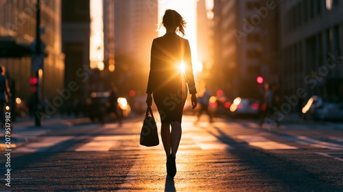 Silhouette of businesswoman crossing city street at sunset with sunlight flare