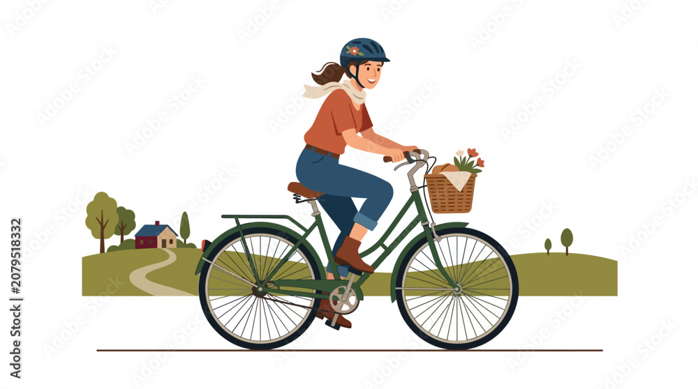 Fototapeta premium Woman cycling in countryside with basket of flowers