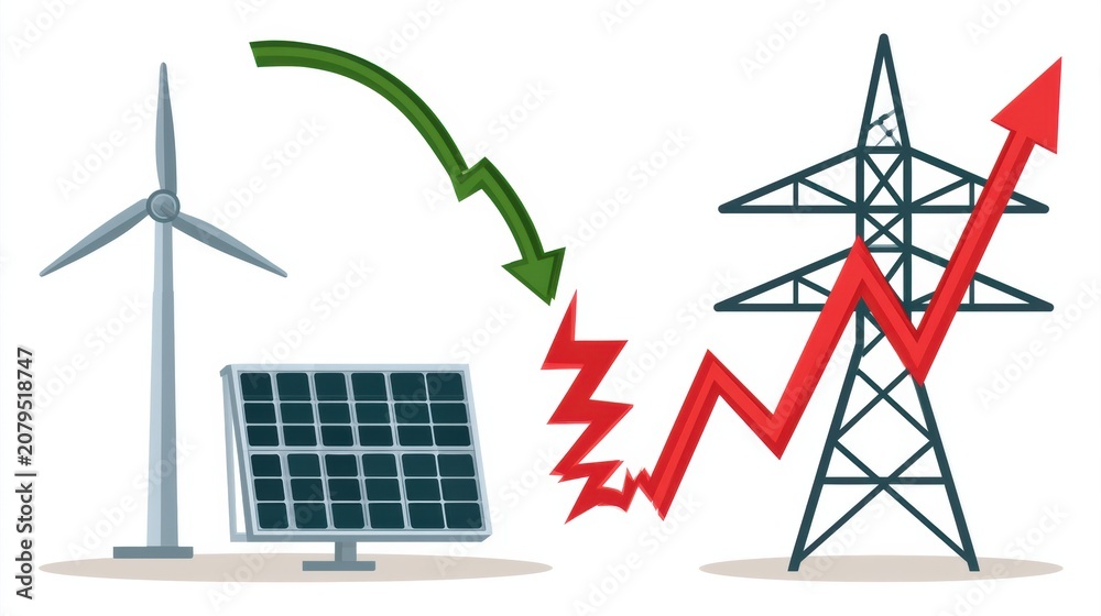 Fototapeta premium Wind and solar energy drop off at the same time, causing imbalance in the grid. This leads to a gap between supply and demand with a spike in red.